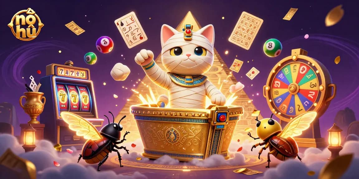 Engage in thrilling action with nổ hũ as a mummy cat and scarab beetle transform a pyramid casino into a jackpot wonderland.