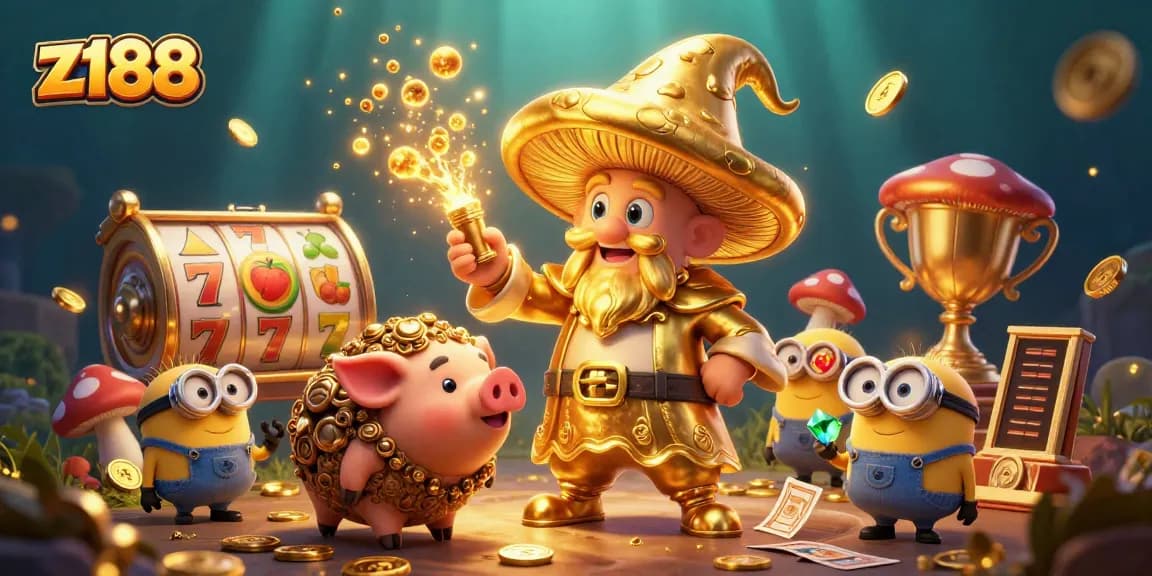 Experience entertainment with z188's golden wizard, slot reels, and vibrant casino atmosphere.