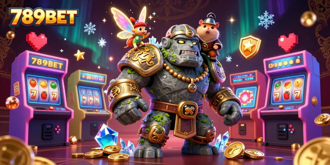 Join the adventure at 789BET with a magical golem, fairy, and hamster knight amidst vibrant casino games.