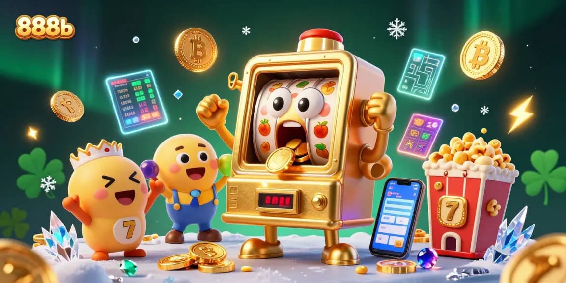 Spin and win with 888b in this vibrant 3D illustration of a golden slot machine hitting a jackpot.