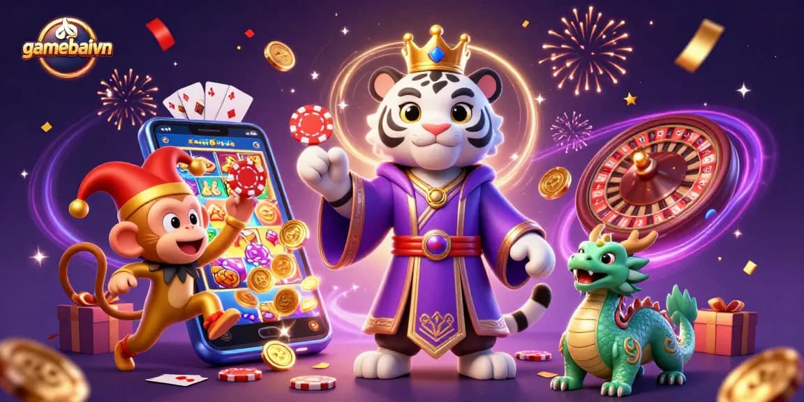 Join gamebaivn's vibrant poker scene with a royal tiger and golden monkey as they celebrate winnings.