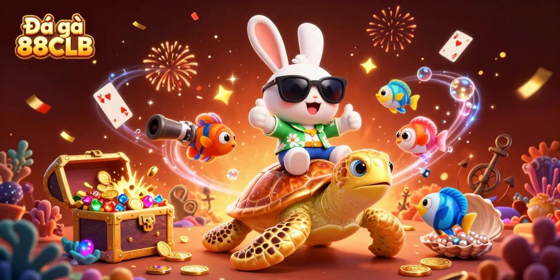 Engage in Đá gà 88CLB with a lively scene featuring a lucky rabbit and golden turtle.