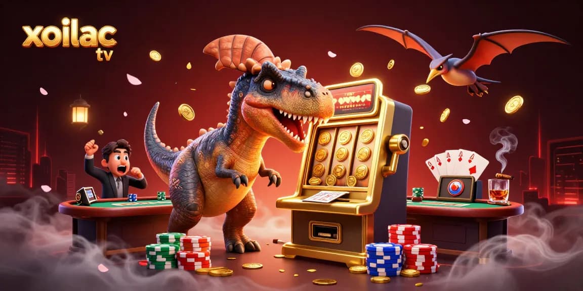 Xoilac TV showcases a vibrant 3D scene of a pachycephalosaurus hitting a slot machine for jackpot coins amidst a busy casino.