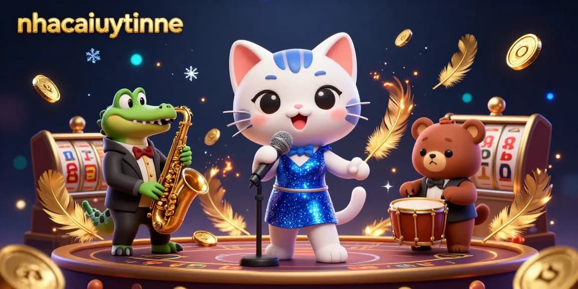 Experience the thrill of casino games with nhacaiuytinne's dynamic 3D jazz-themed illustration showcasing engaging characters and vibrant atmosphere.