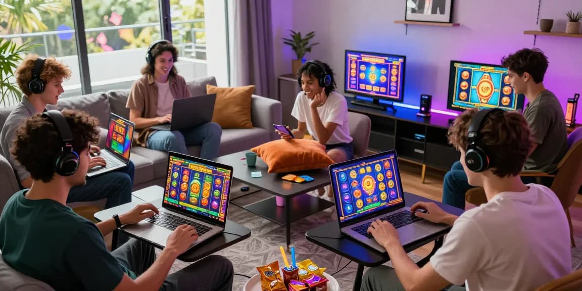 Exciting online gaming moment with depo pulsa 10k tanpa potongan on vibrant slot games in a cozy living room.