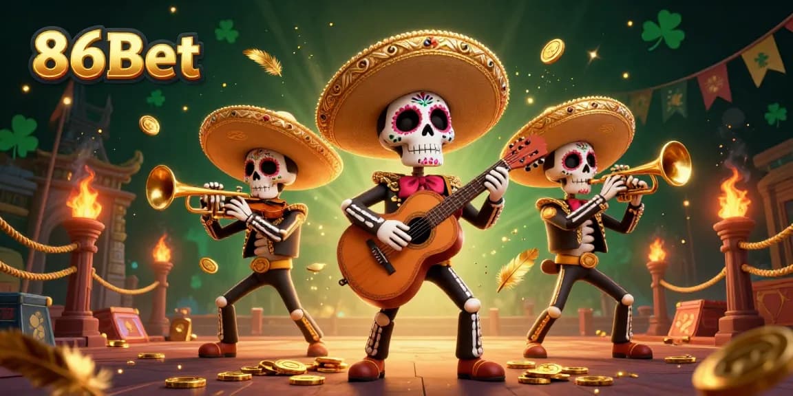 Engage with 86Bet's vibrant casino scene featuring a mariachi band in a detailed 3D illustration.