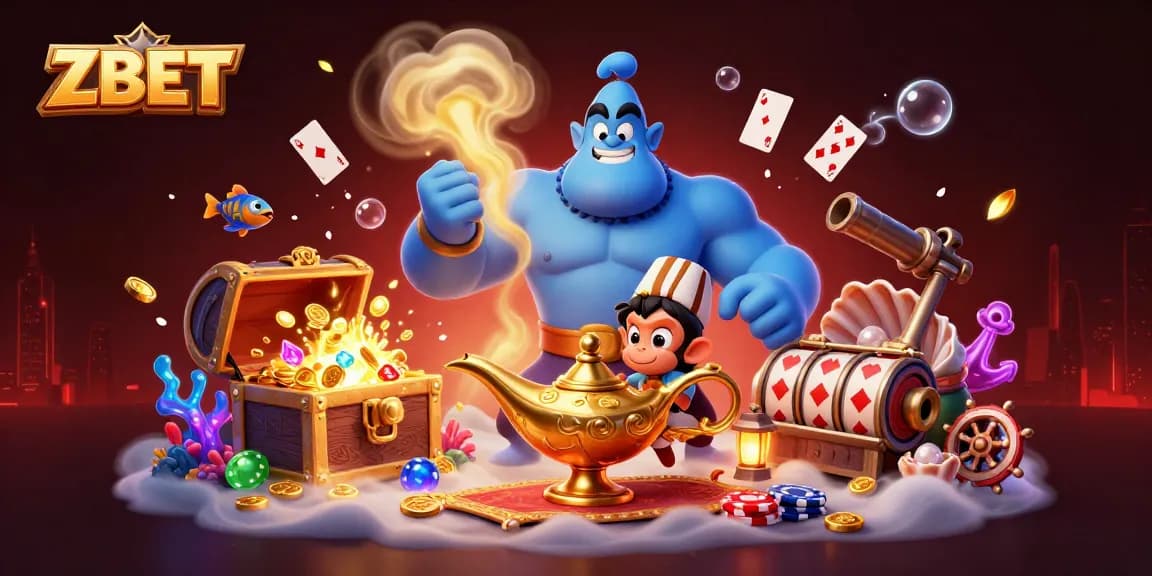 ZBET players winning huge with a 3D genie, poker chips, and treasure in an enchanting casino scene.