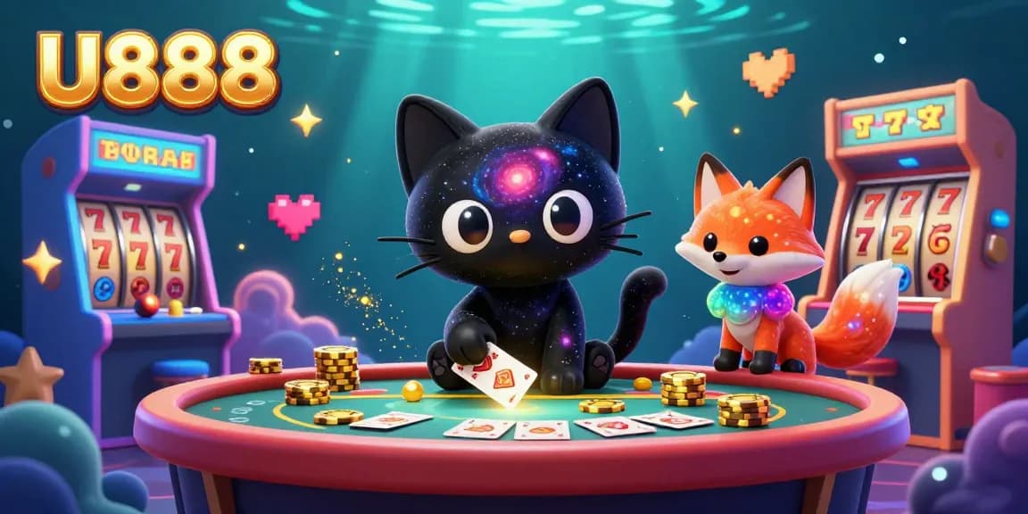 Experience thrilling gameplay at U888, featuring a cosmic casino scene with a black hole cat and vibrant galaxy elements.