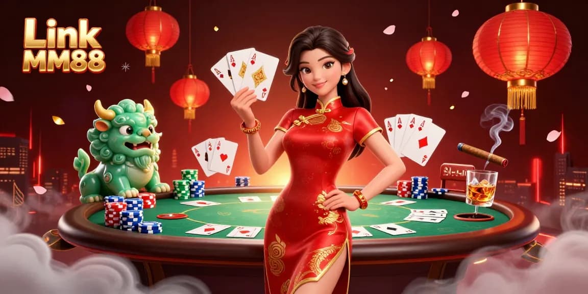 Engage with Link MM88 for a thrilling casino experience featuring dynamic card elements and festive decor.