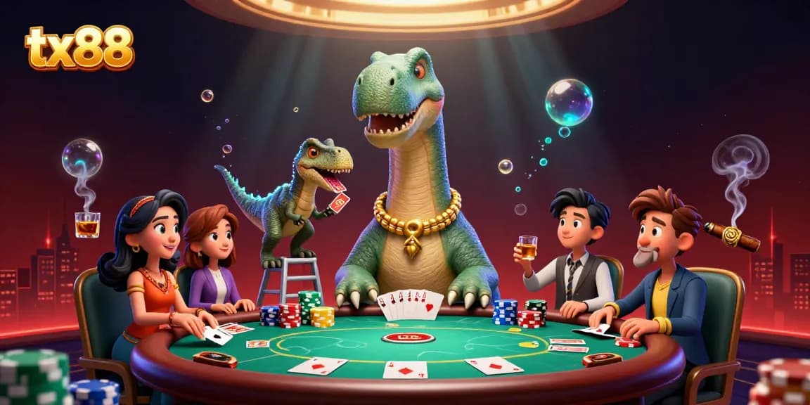 tx88 sparks excitement at a poker table with a giant brontosaurus overseeing a thrilling dealer showdown