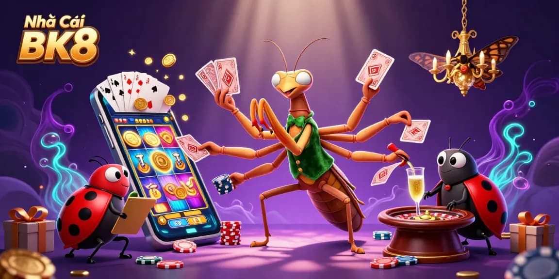 Experience excitement with Nhà Cái BK8, where a giant praying mantis dealer mixes cards and champagne in a vibrant casino.