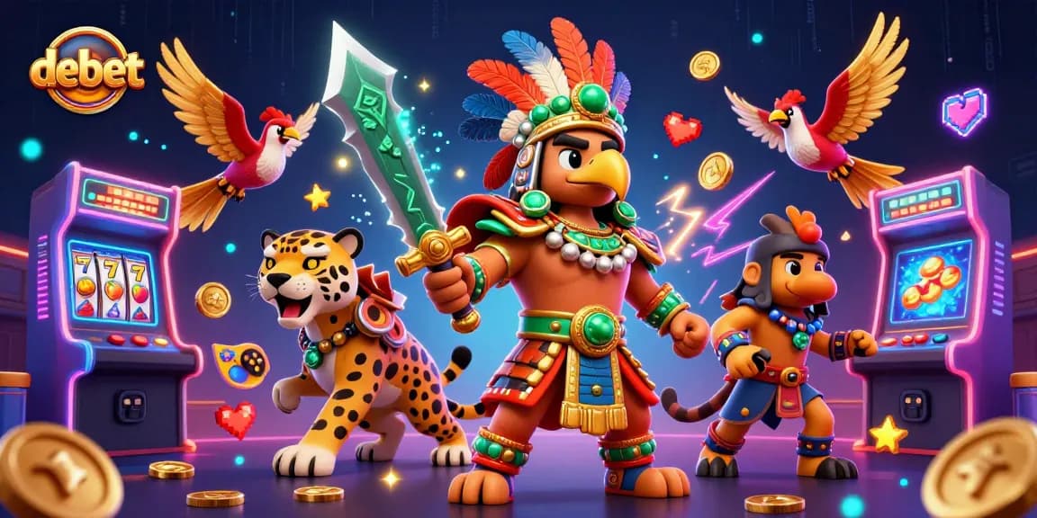 Experience the exciting world of debet slots with animated Aztec characters and vivid casino elements.