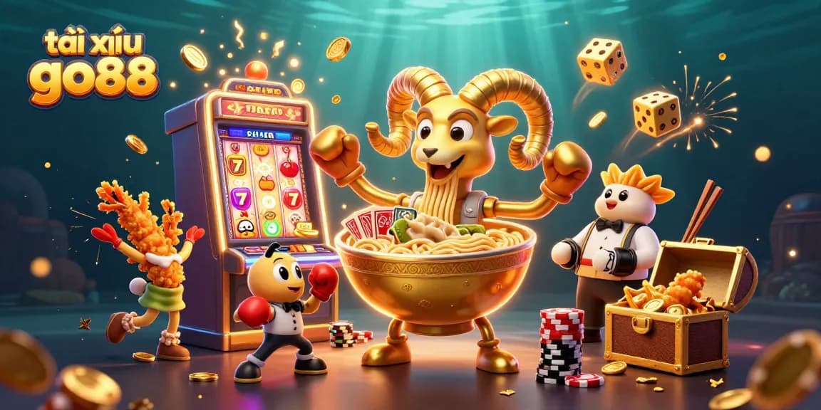 Engage with tài xỉu go88's dynamic casino scene, where golden ramen bowl characters deal cards while dazzling slot jackpots burst.