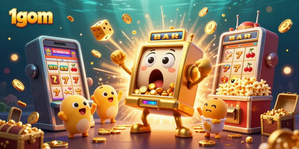 Experience the excitement of 1gom as a golden slot machine celebrates a jackpot amid a dynamic casino atmosphere.