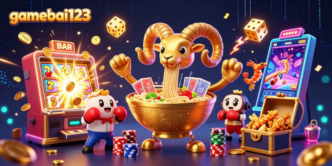 Gamebai123 features an exciting 3D casino scene with vibrant characters and thrilling elements.