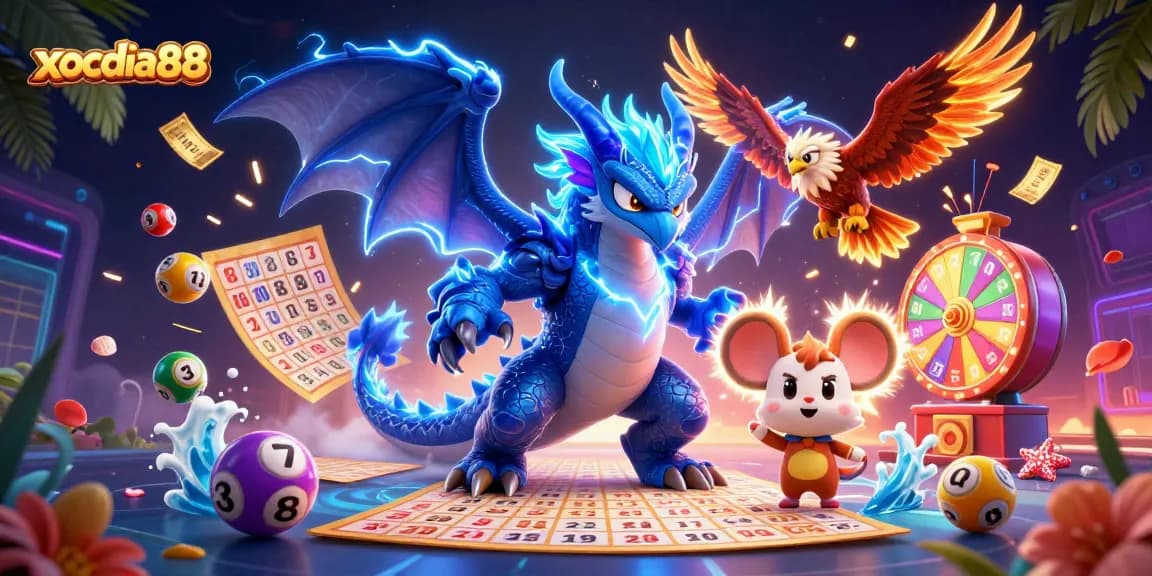 Xocdia88 features an electric blue thunder dragon and dynamic lottery elements, enhancing your betting experience.