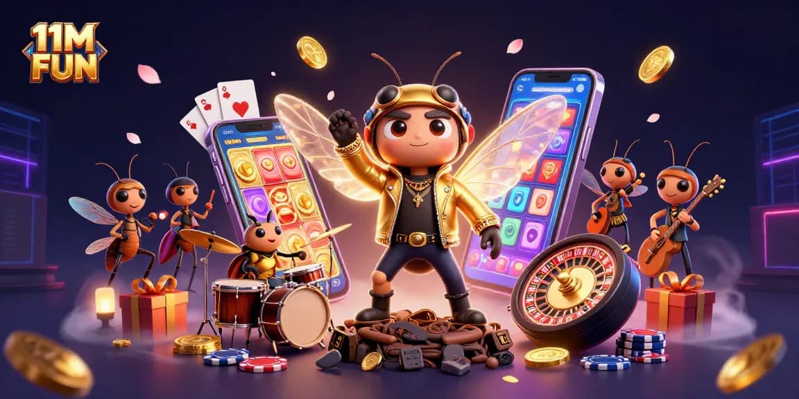 Experience 11M FUN with a lively casino scene featuring vibrant characters and gaming elements.