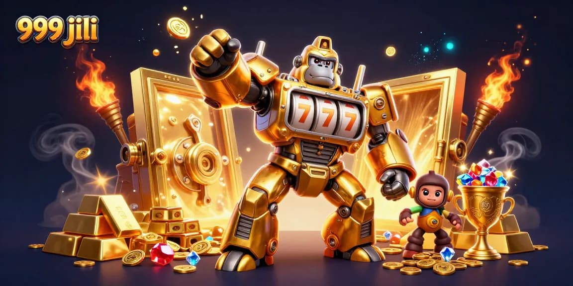 Experience thrilling wins with 999 jili, featuring a powerful golden gorilla mech surrounded by treasures.