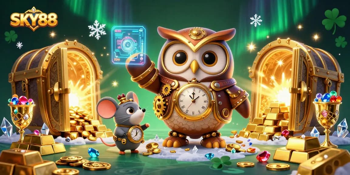 Experience the thrilling chances at SKY88 with vibrant casino elements in a dynamic 3D illustration.