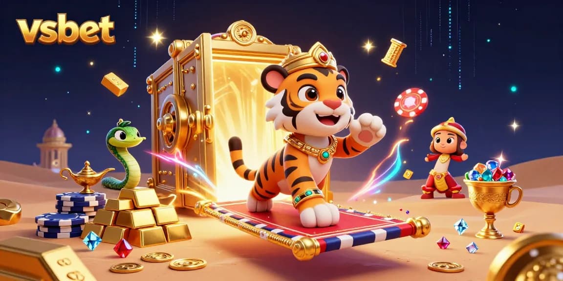 Witness the mesmerizing vsbet universe with a tiger sultan on a carpet of poker chips amidst dazzling treasures.