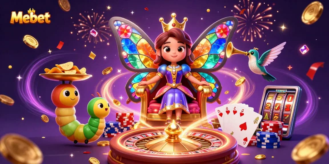 Mebet prepares for an exciting gaming adventure with vibrant casino themes and joyous characters.