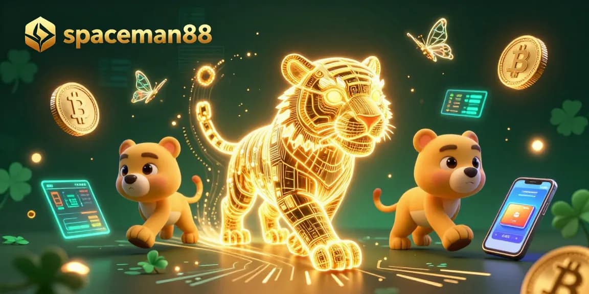 Join the action with spaceman88 in this vibrant digital casino scene full of crypto elements!