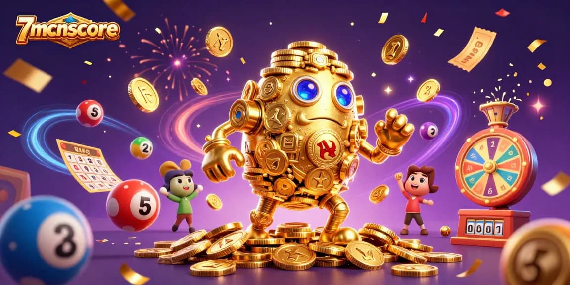 Win big with 7mcnscore in a lively lottery scene featuring bouncing balls and celebration.