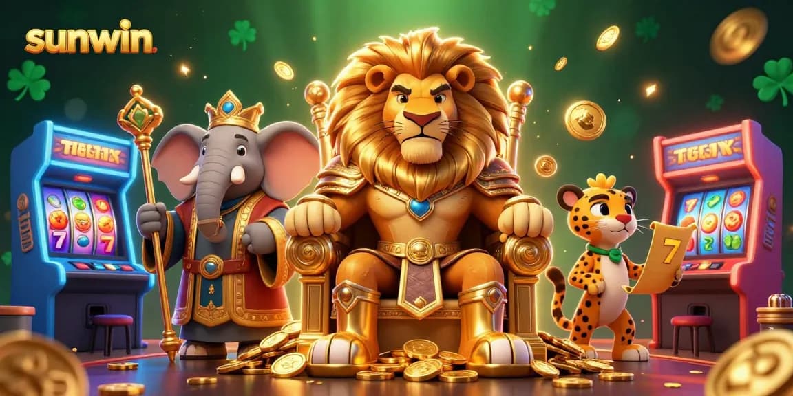Engage with sunwin's vibrant casino excitement featuring a regal lion king and colorful gaming elements.