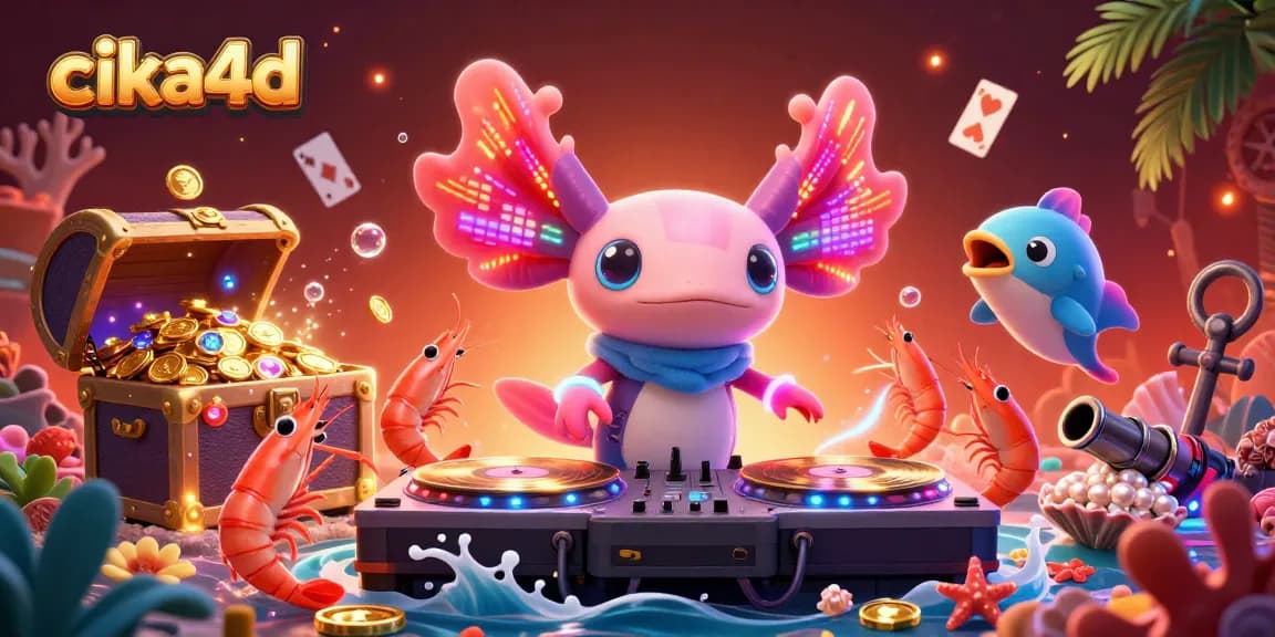 Join the vibrant Cika4d underwater casino experience with a lively DJ axolotl and dancing sea creatures.