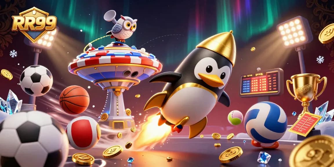 Experience the thrilling play at RR99 with dynamic golden penguin and casino elements.