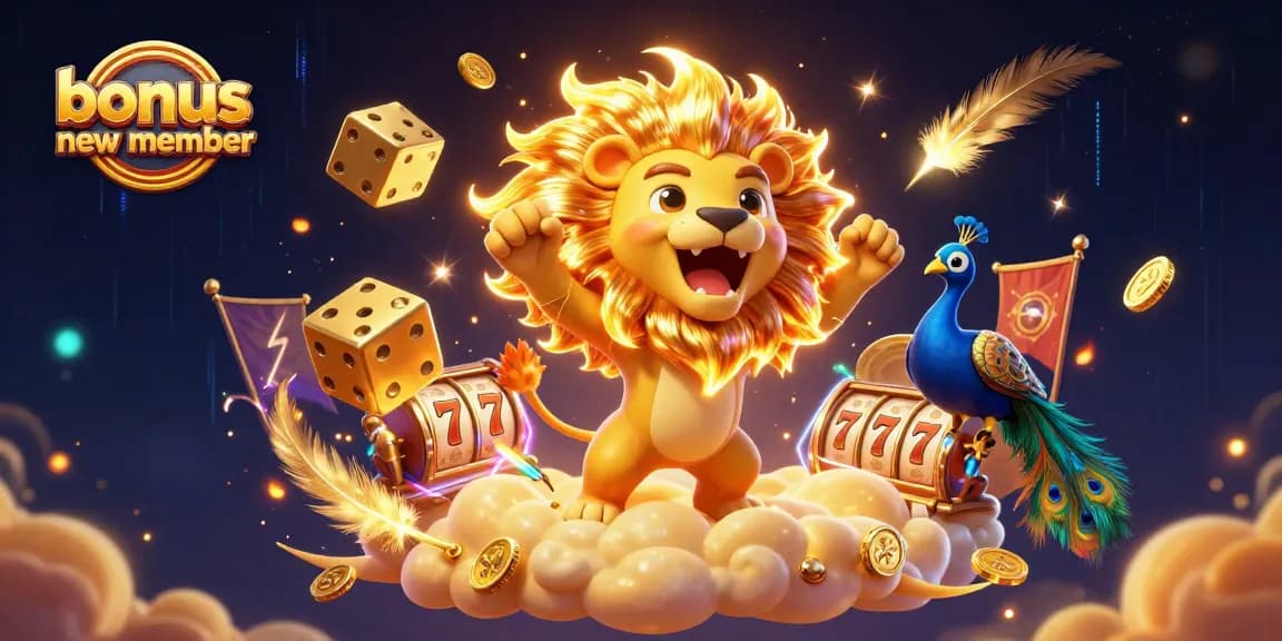 Enjoy a vibrant illustration of a roaring lion with golden dice, celebrating a bonus new member offer.