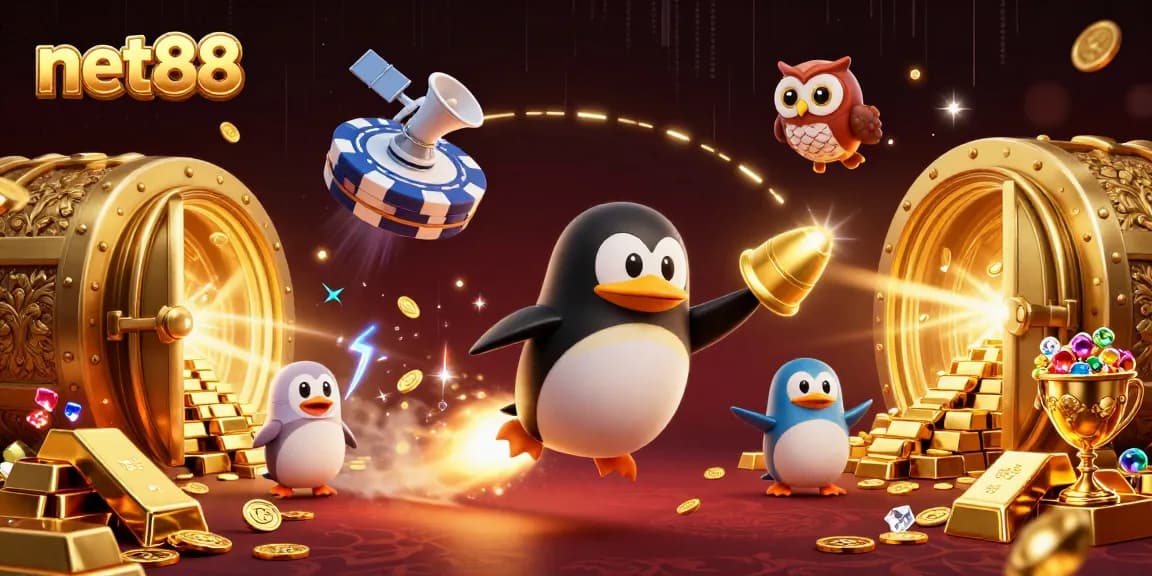 Experience the thrill of net88 with a golden penguin leading the way to fortune!