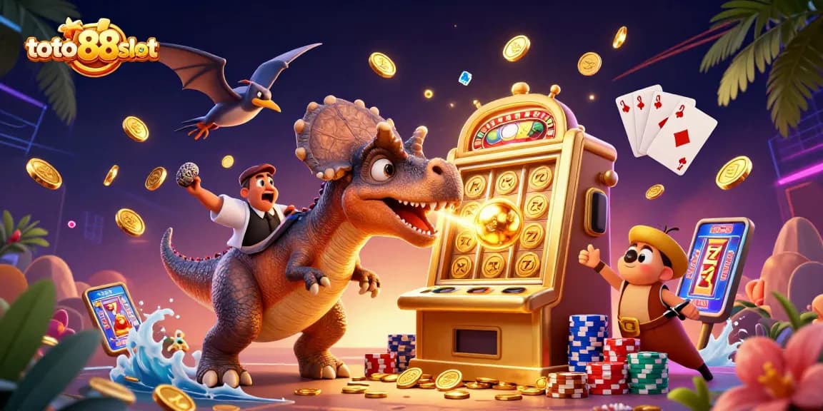 Experience thrilling wins with toto88slot as animated dinosaurs engage at a lavish casino scene.