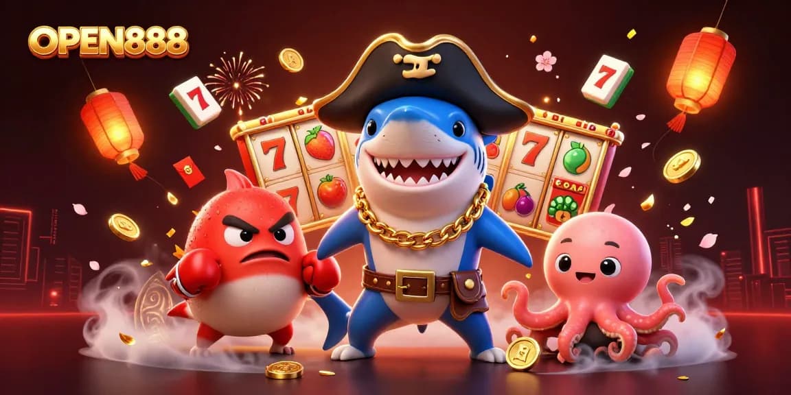 Engage with OPEN888's vibrant gaming atmosphere featuring characters surrounded by exciting slot and casino elements.