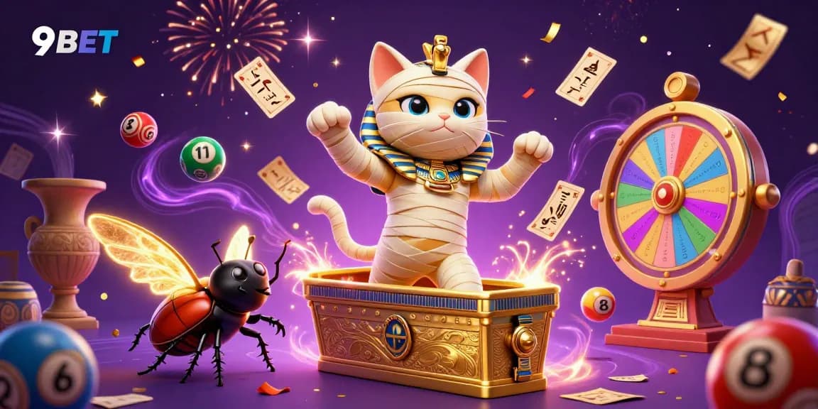 Engage with 9BET in a vibrant casino scene filled with colorful lottery balls and golden elements.