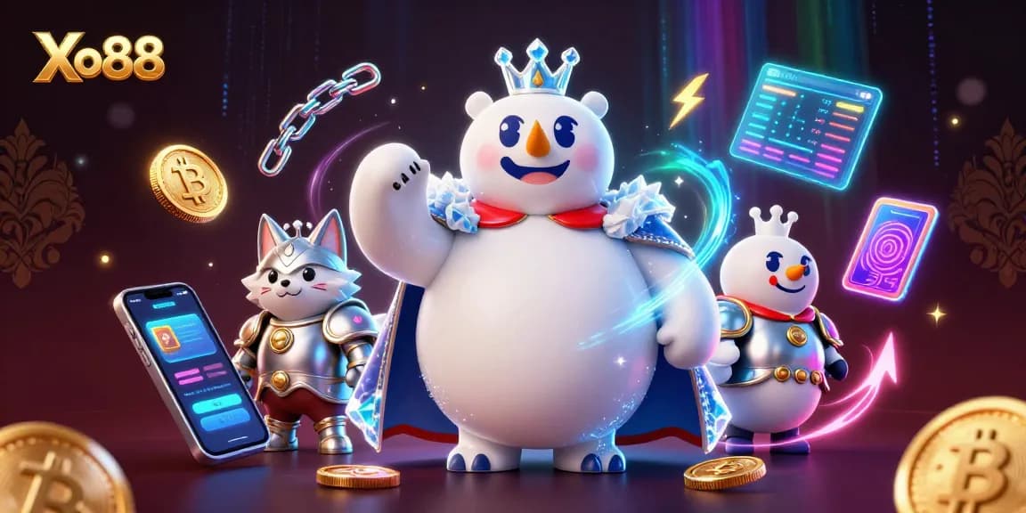 Xo88: Envision an exciting cryptocurrency casino scene with an animated ice king and snow fox.