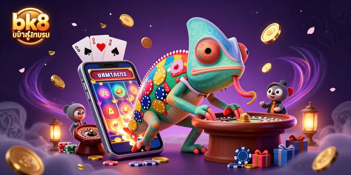 Experience the thrill of bk8 เข้าสู่ระบบ with a colorful chameleon casino owner, golden coins, and vibrant game elements.