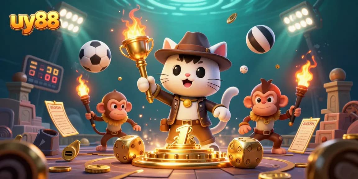Experience exhilarating gaming at uy88 with an exploratory cat uncovering hidden treasures in a vibrant casino.