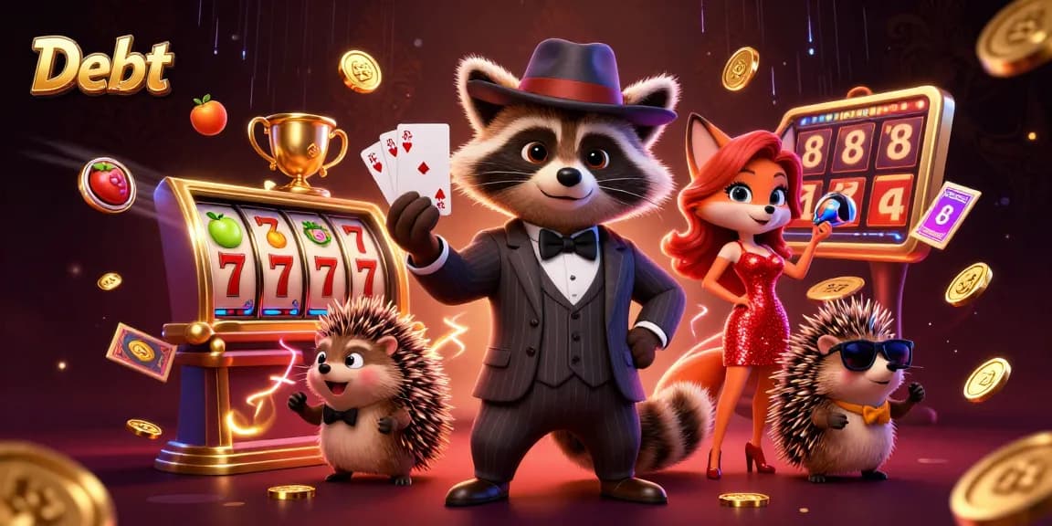 Debett showcases excitement in a 3D casino scene featuring vibrant slot elements and charismatic characters.