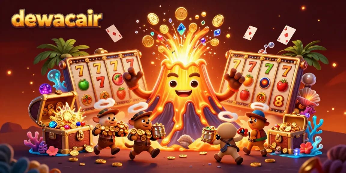 Experience the thrill of winning at dewacair with vibrant slot reels and treasure-filled 3D illustration.