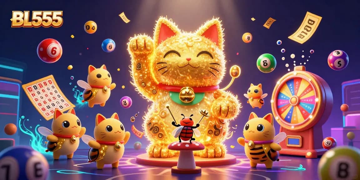Experience the dynamic and colorful gaming world at BL555 with an energetic lucky cat and vibrant casino elements.