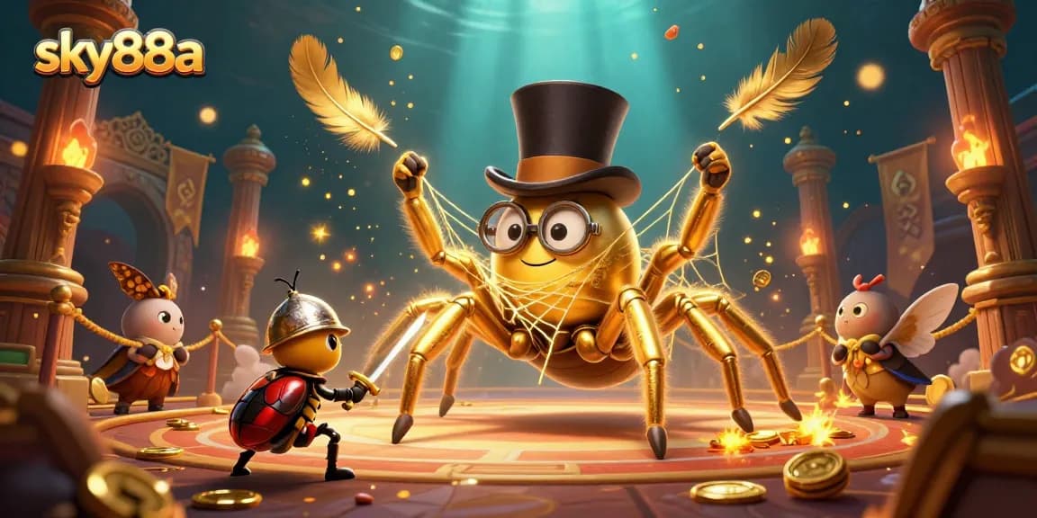 Experience the thrilling atmosphere of sky88a with a giant golden tarantula and beetle knight in an exciting casino scene.