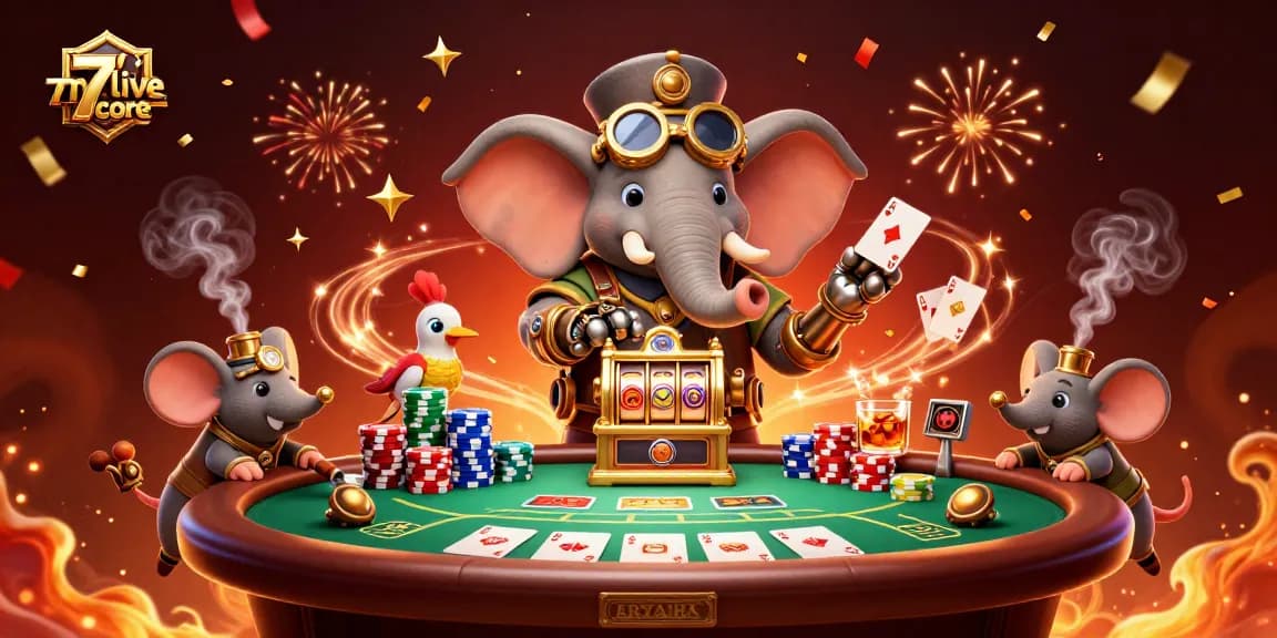 Engage with the 7mlive-score gaming world amidst a festive casino scene filled with dynamic slot machines and poker action.