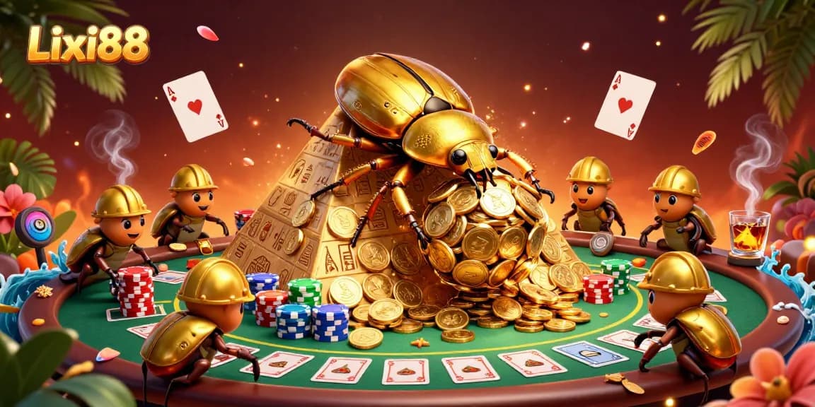 Lixi88 offers a vibrant online casino experience highlighted by cartoon beetles pursuing big wins amidst a lively gaming atmosphere.