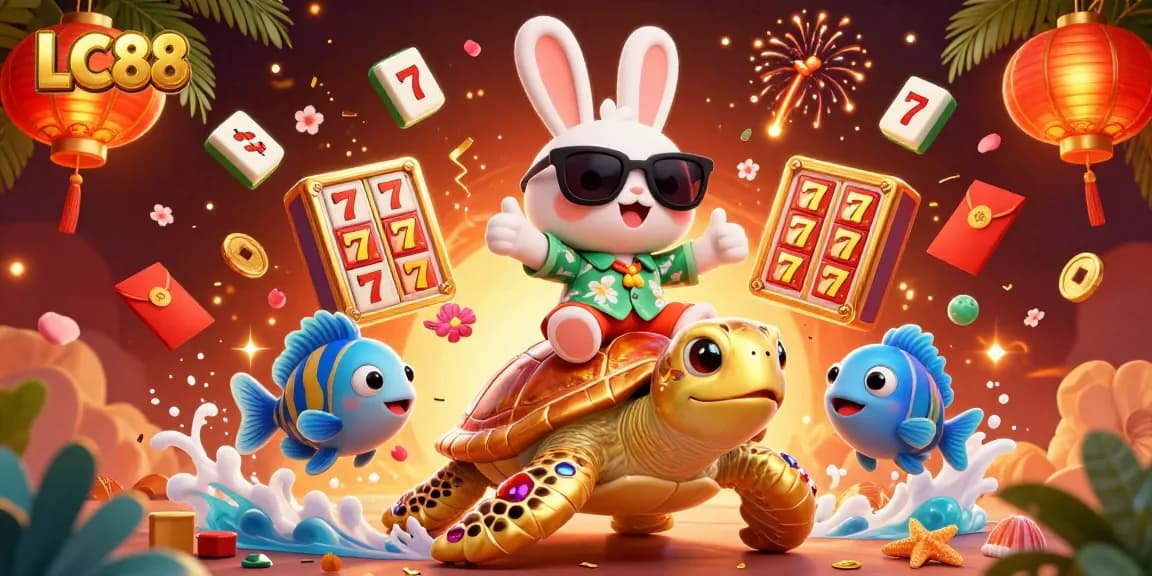 Spin and win with LC88 Lucky Rabbit and Golden Turtle in vibrant casino illustration.