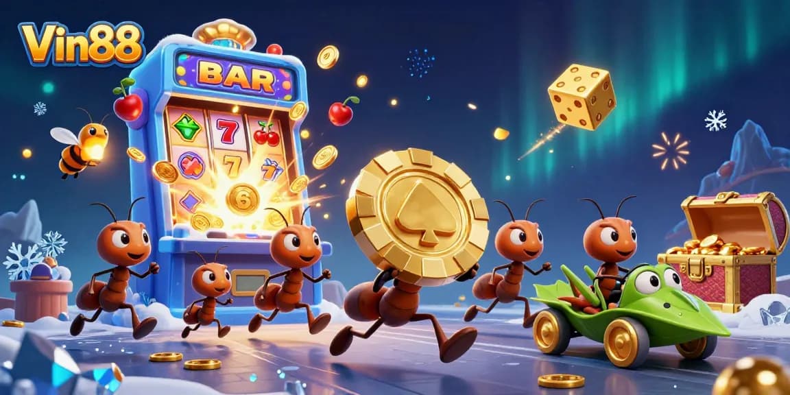 Experience the excitement of Vin88 with ants heisting a golden poker chip amidst vibrant casino elements.