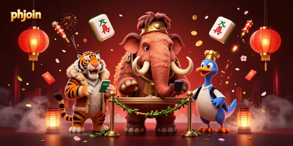 Experience thrilling entertainment at Phjoin with a woolly mammoth bouncer, saber-tooth VIP guest, and vibrant game elements.