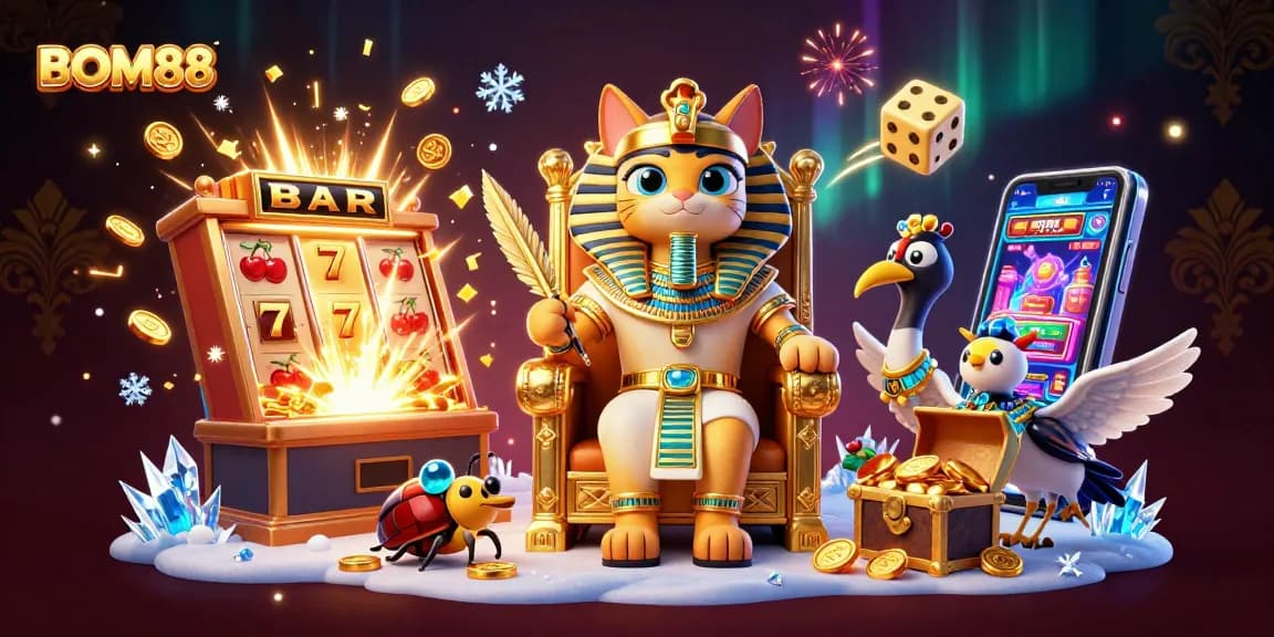 BOM88 captivates players with a golden throne scene featuring a pharaoh cat and dynamic casino gaming elements.