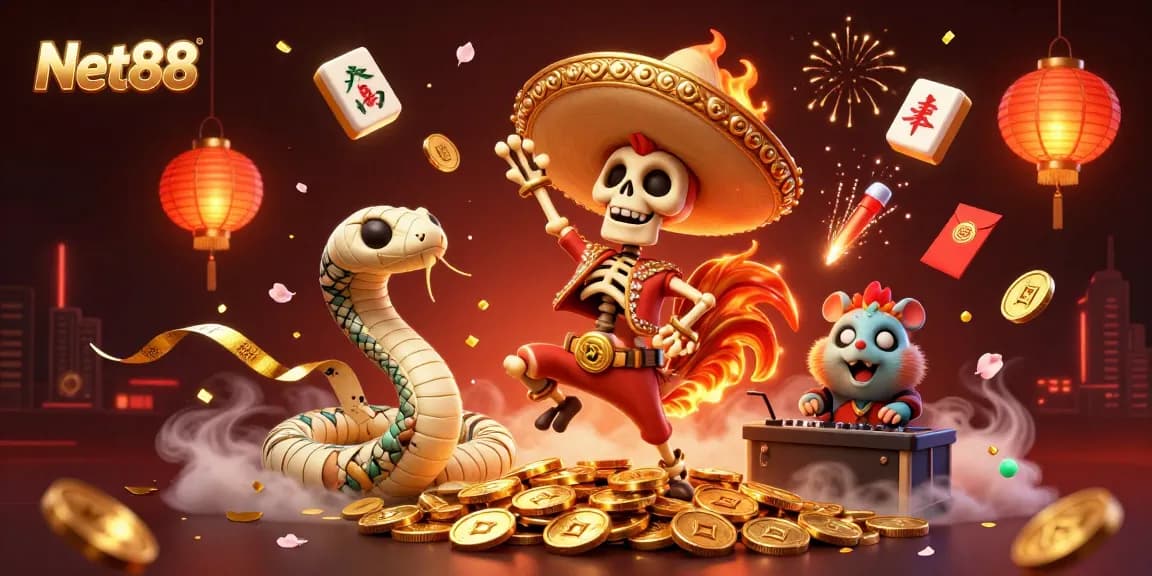 Experience excitement with Net88 at the dynamic casino scene featuring colorful characters and winning symbols.