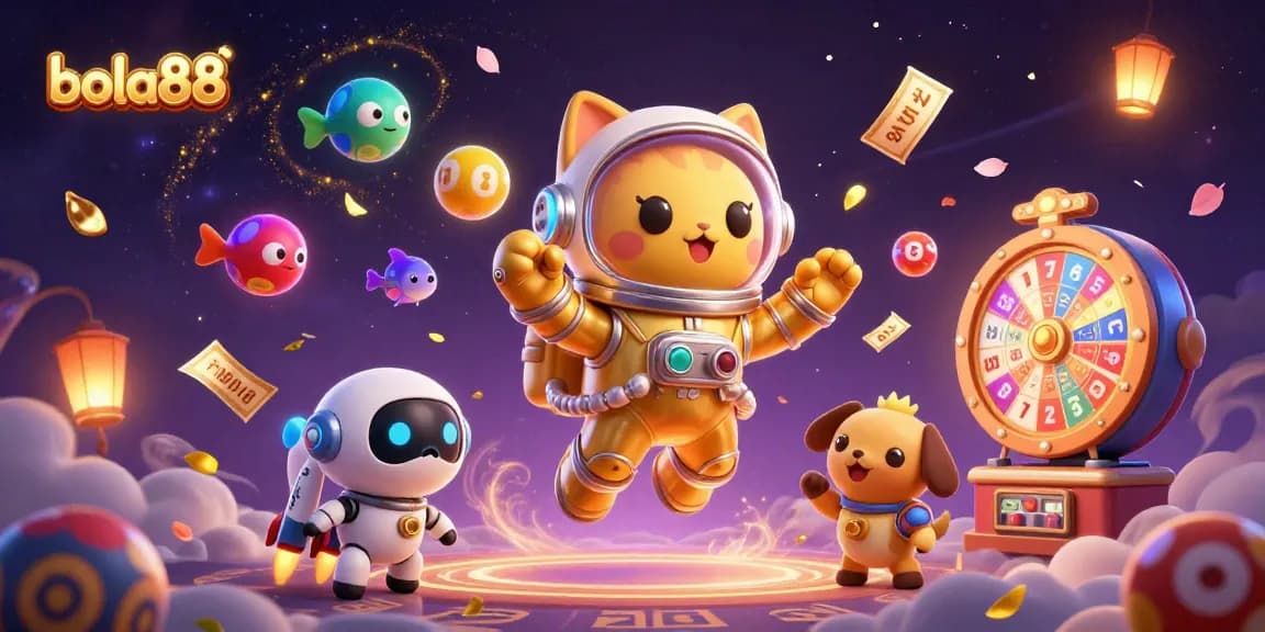 Gambaran dinamis bola88 dengan kucing astronot dan robot anjing dalam dunia permainan.